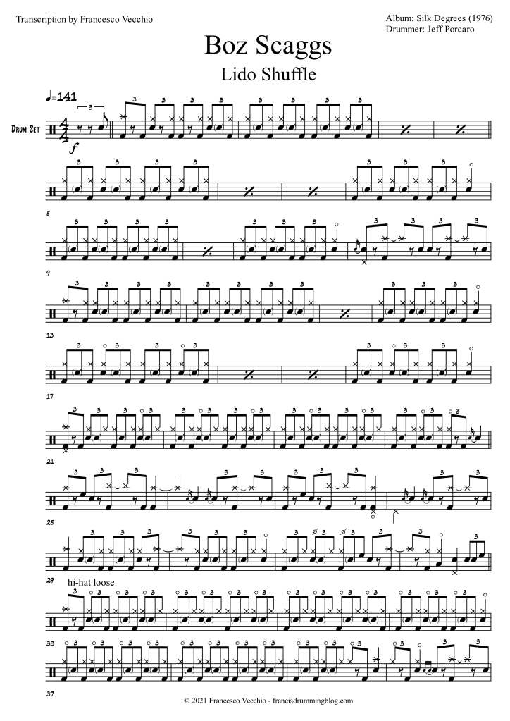 jeff porcaro lido shuffle drum transcription