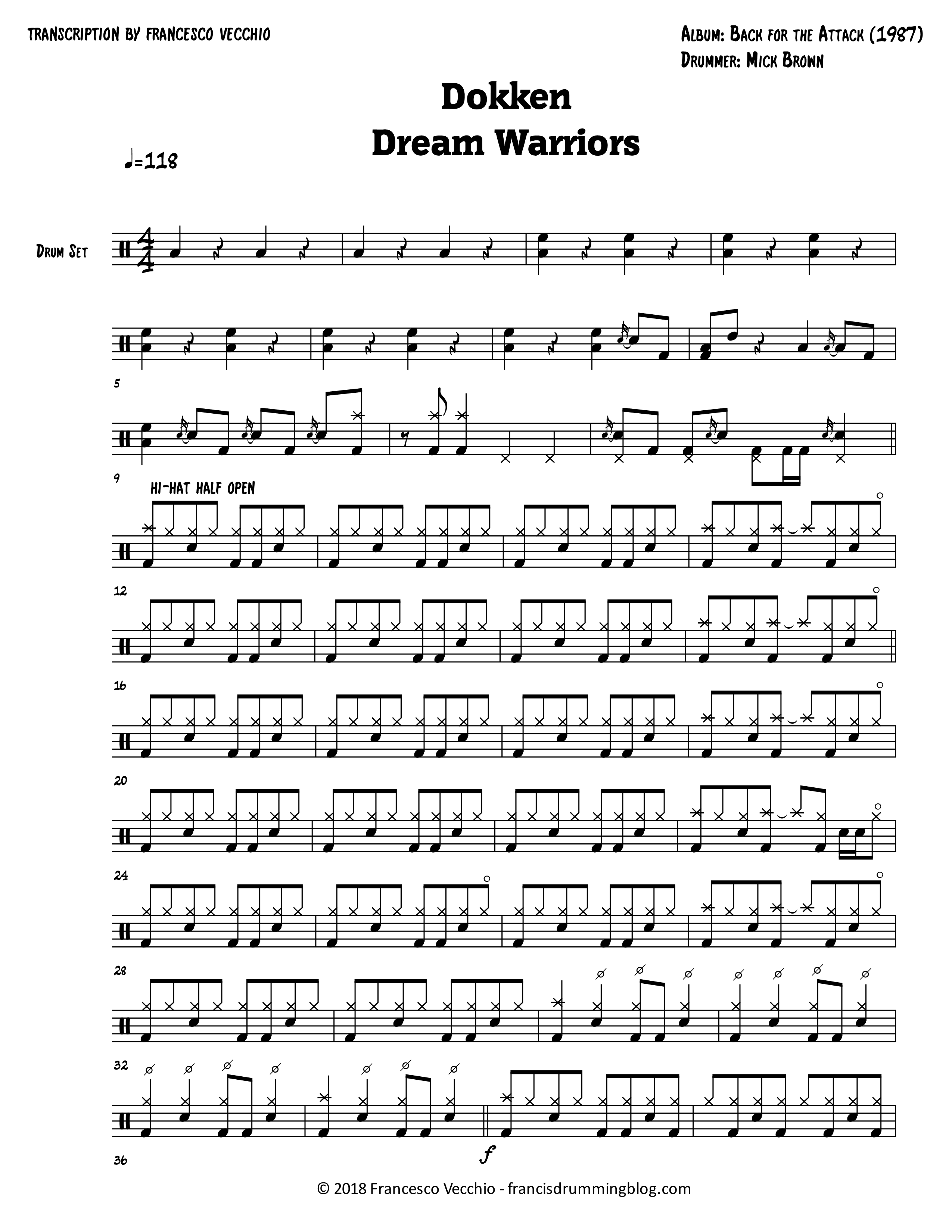 dokken dream warriors drum sheet music
