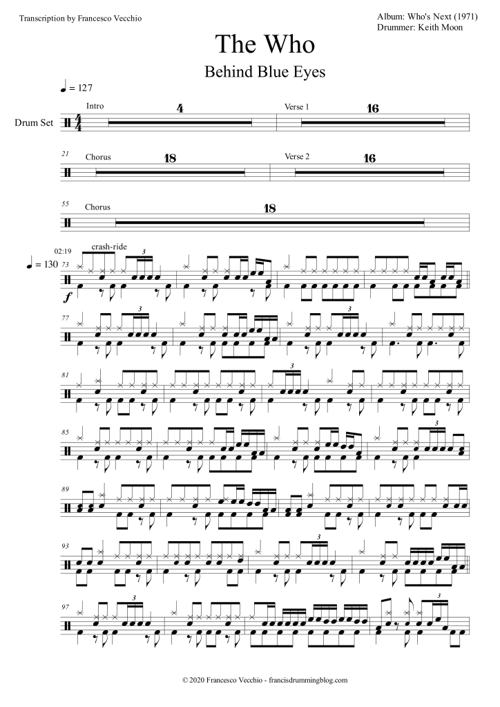 the who behind blue eyes drum transcription