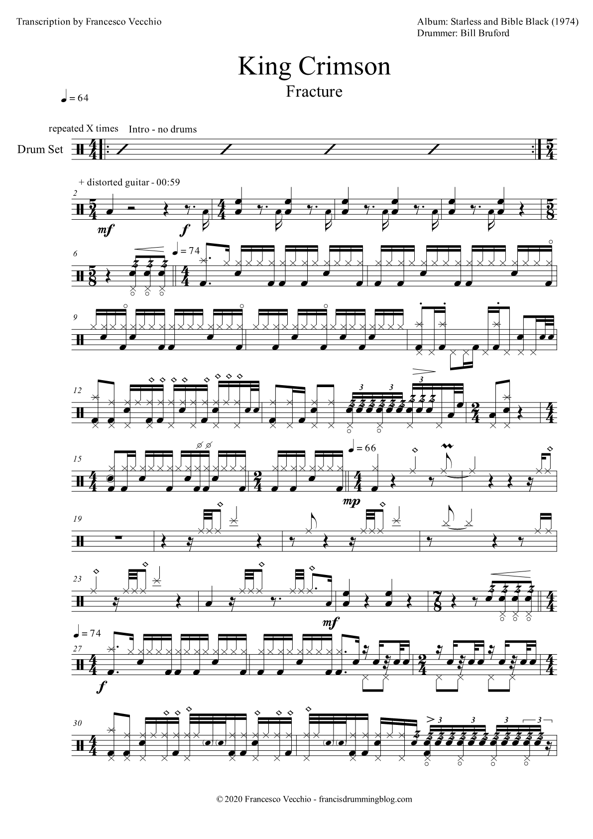king crimson fracture drum sheet music