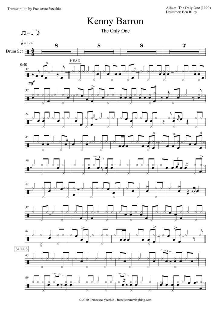 kenny barron the only one drum transcription
