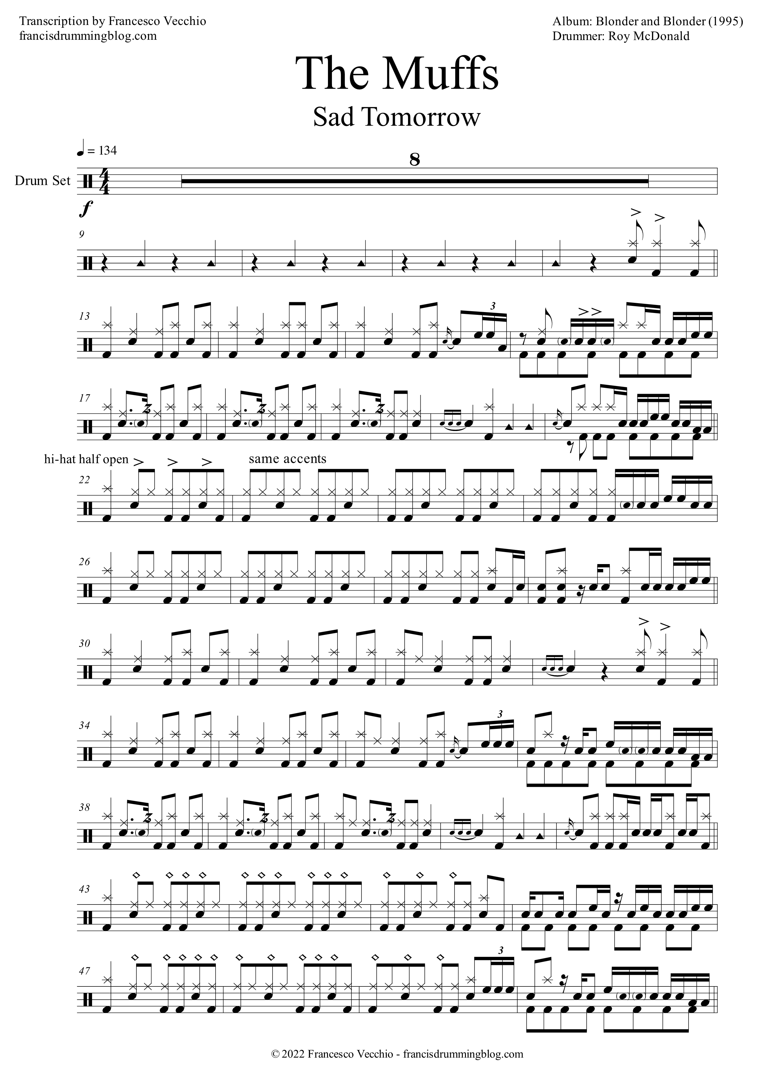 the muffs sad tomorrow drum sheet music