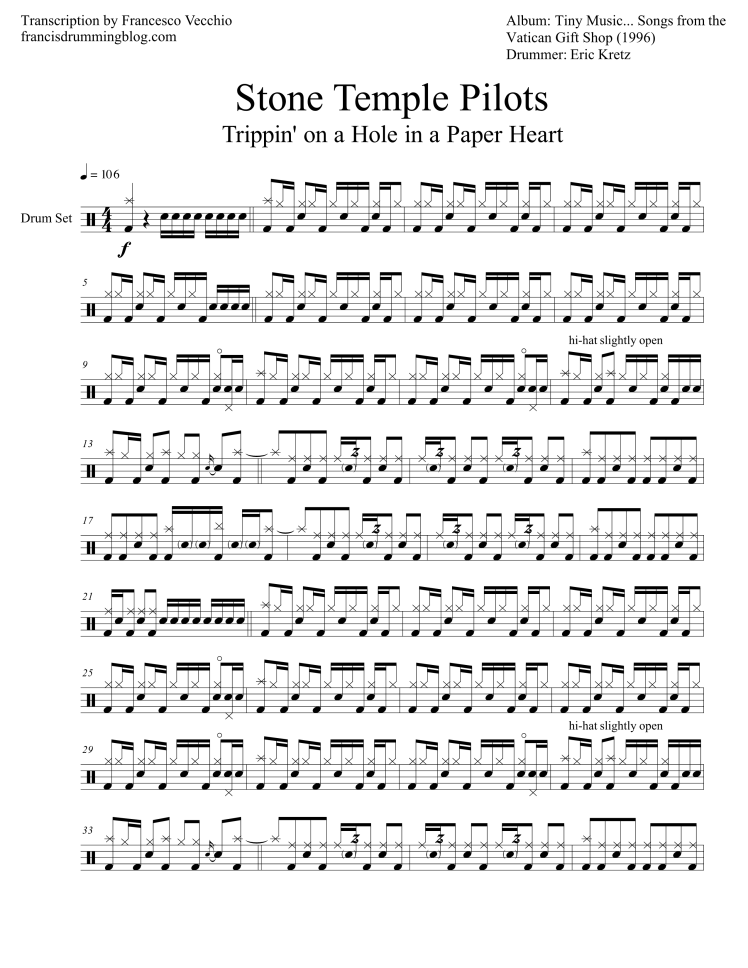 stone temple pilots trippin on a hole in a paper heart drum transcription