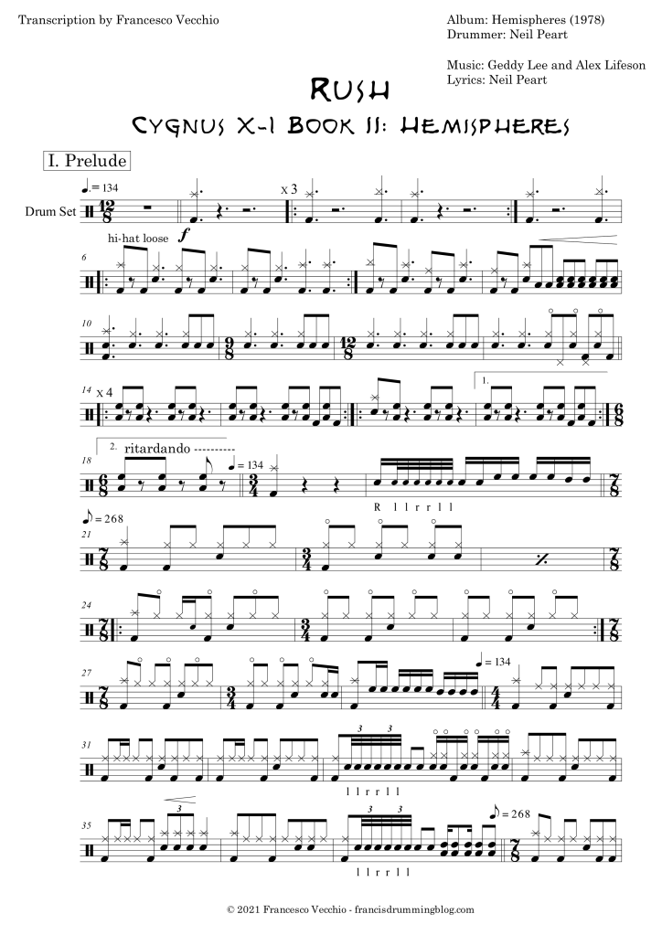 rush neil peart cygnus x-1 book 2 hemispheres drum transcription