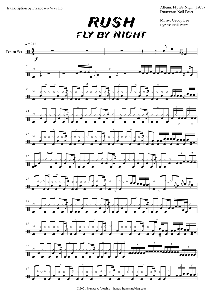 rush neil peart fly by night drum transcription