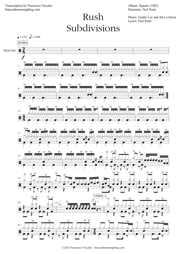 rush subdivisions drum sheet music